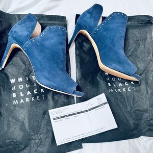 Brand new White House Black Market Loui suede Navy booties! Never worn! Dust bag